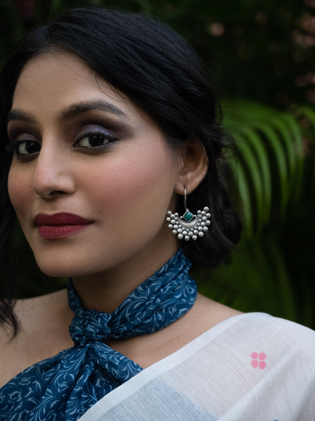 Emerald Crescent Oxidised Silver Earrings
