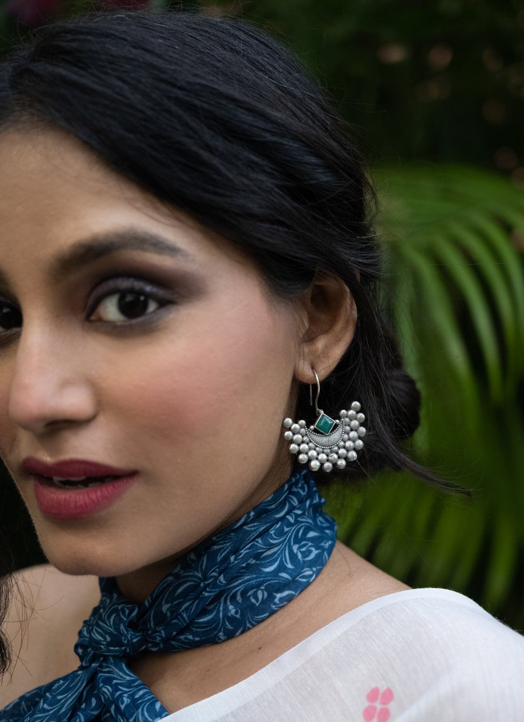 Emerald Crescent Oxidised Silver Earrings