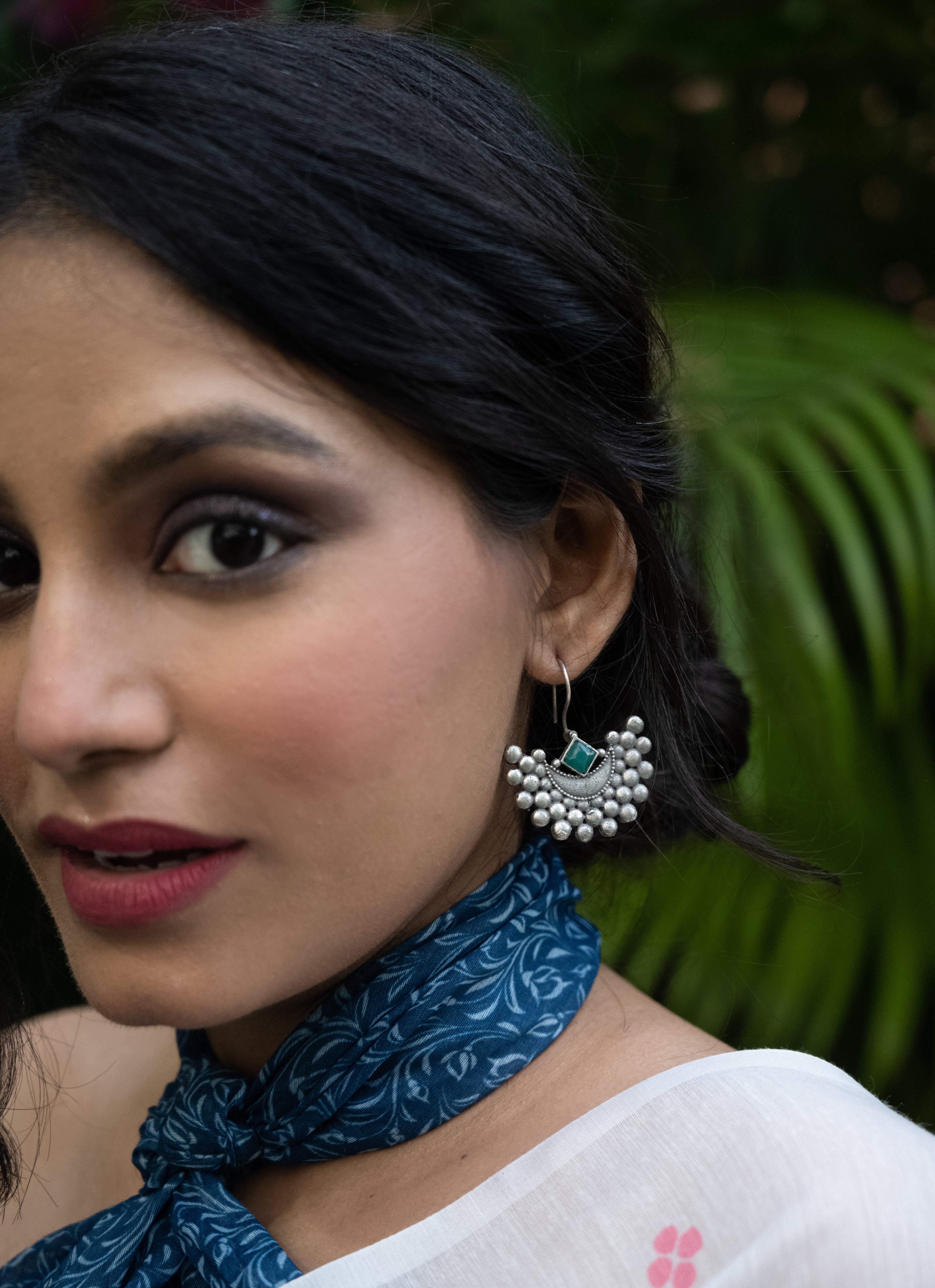 Emerald Crescent Oxidised Silver Earrings