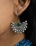 Emerald Crescent Oxidised Silver Earrings