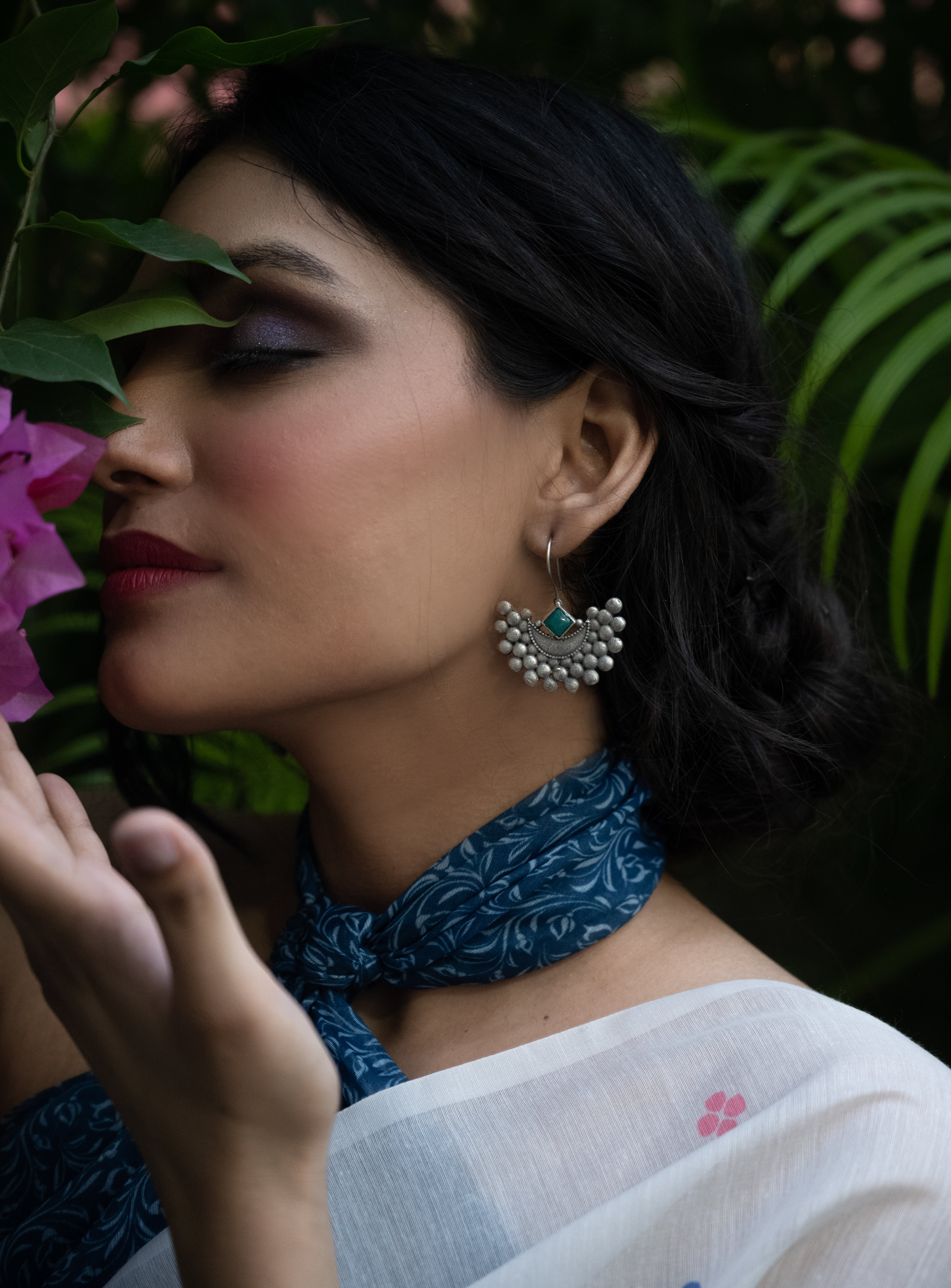 Emerald Crescent Oxidised Silver Earrings