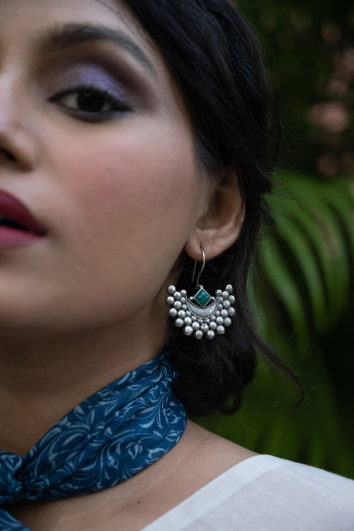 Emerald Crescent Oxidised Silver Earrings