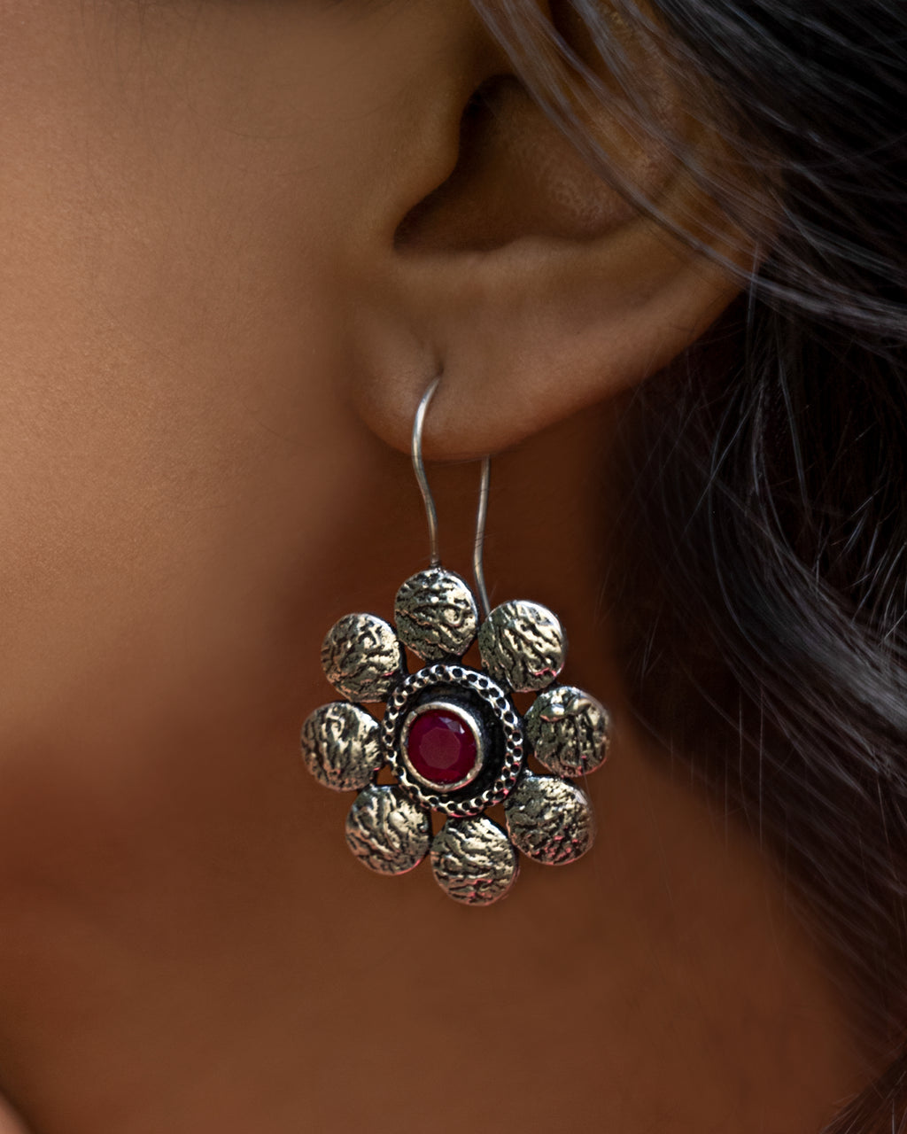 Ruby Bloom Oxidised Silver Floral Earrings