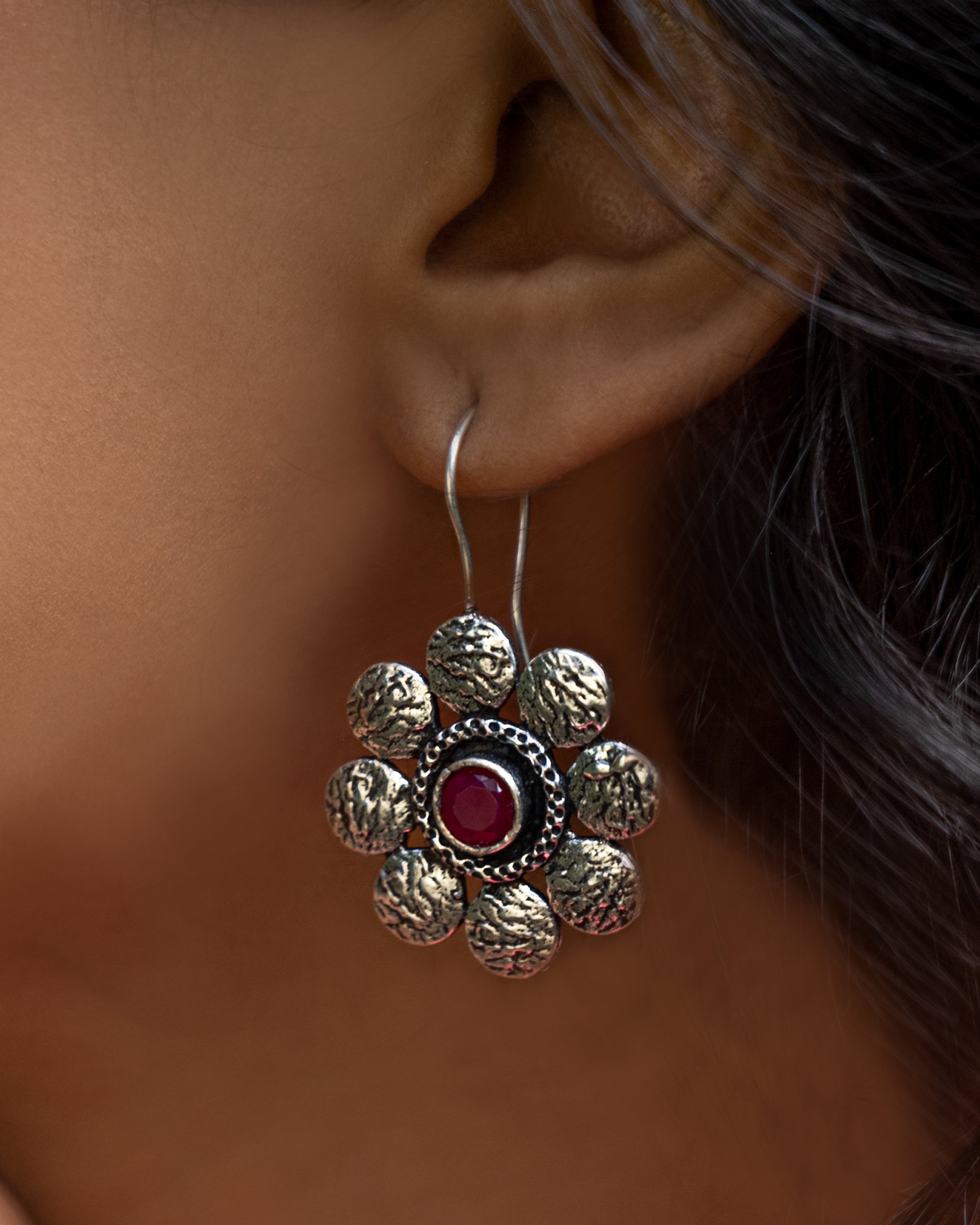 Ruby Bloom Oxidised Silver Floral Earrings