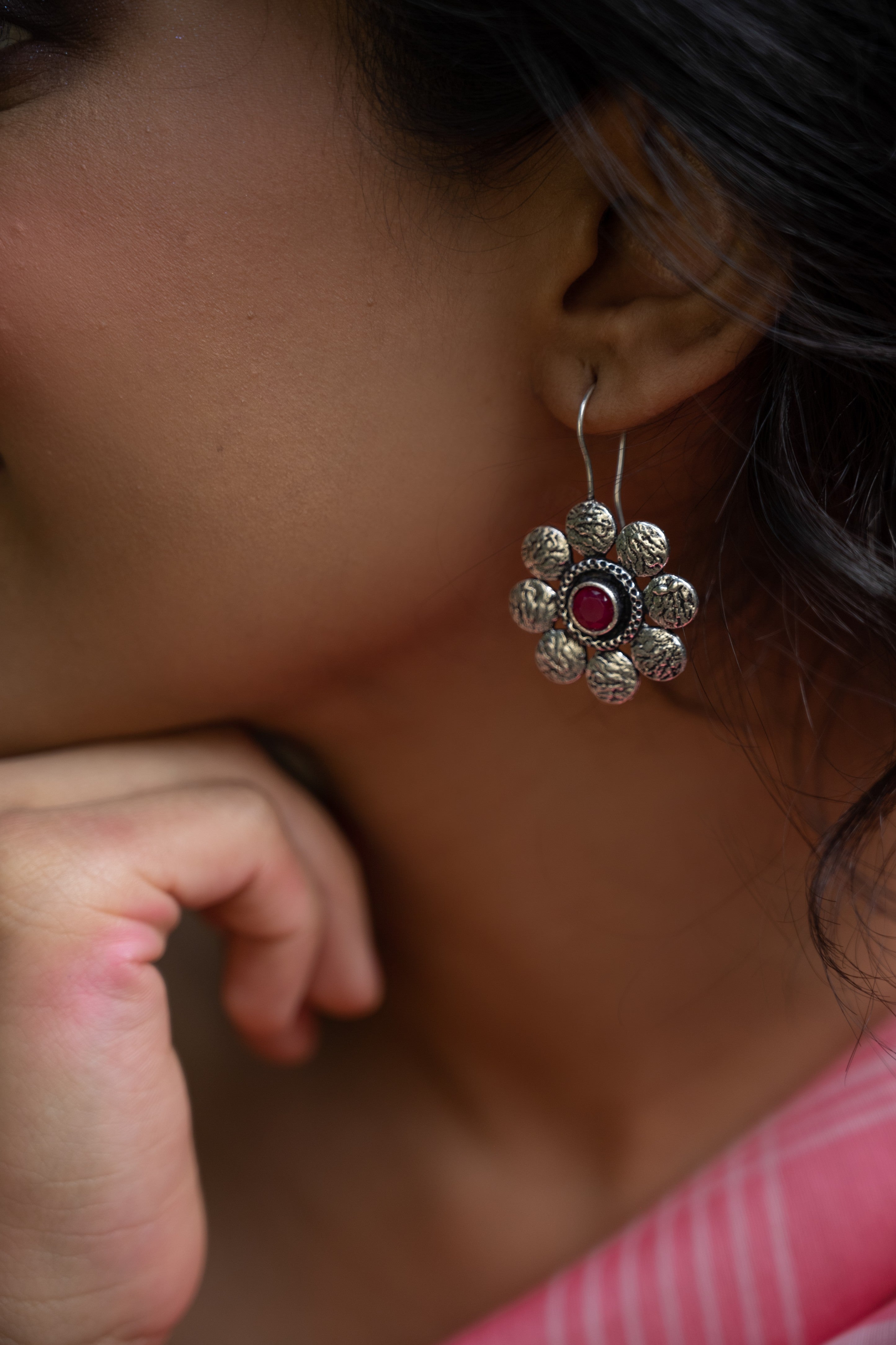 Ruby Bloom Oxidised Silver Floral Earrings