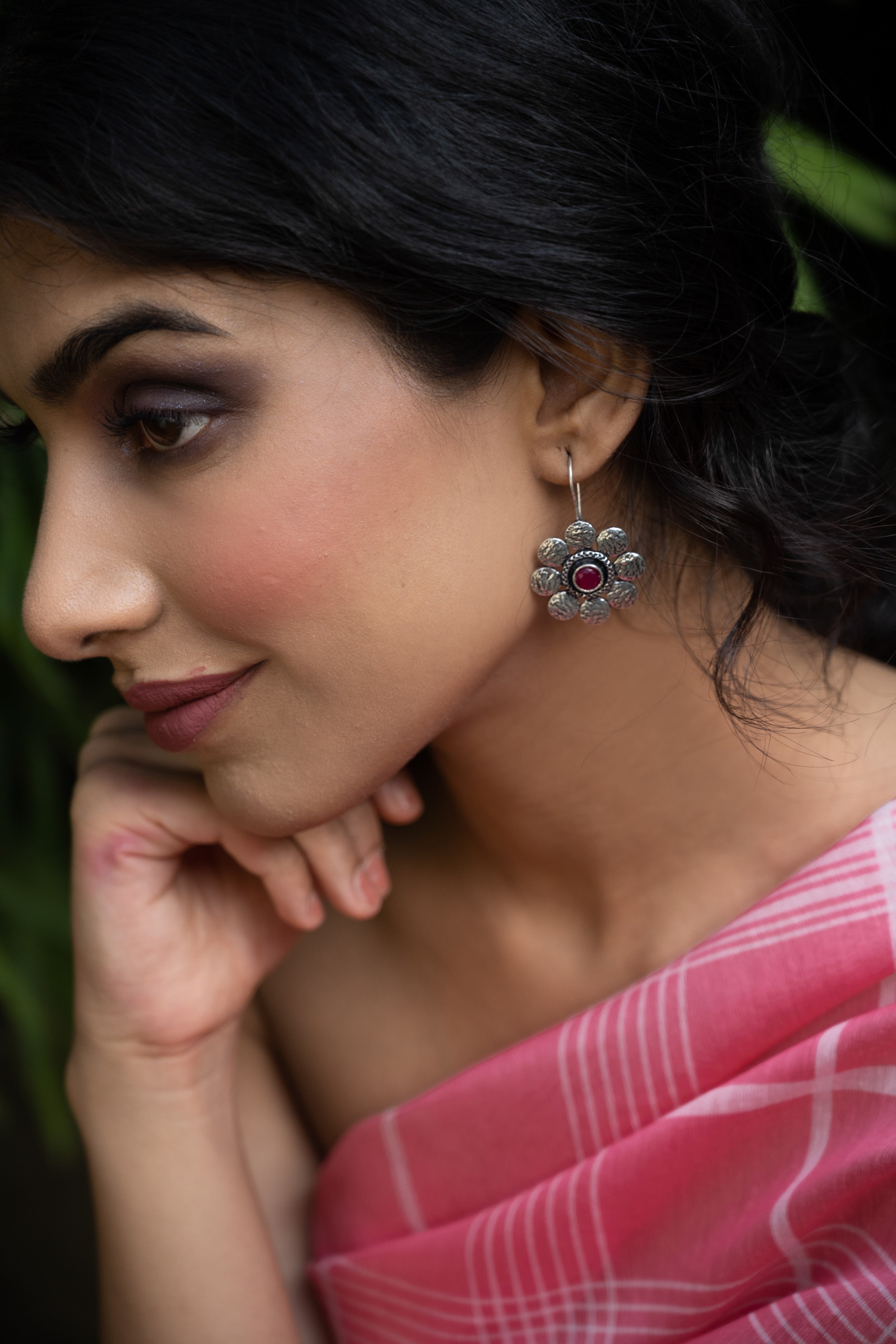 Ruby Bloom Oxidised Silver Floral Earrings