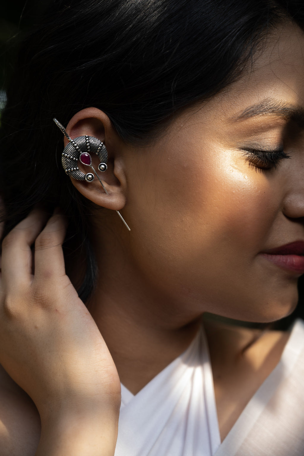 Crimson Halo Ear Cuff Statement Earrings
