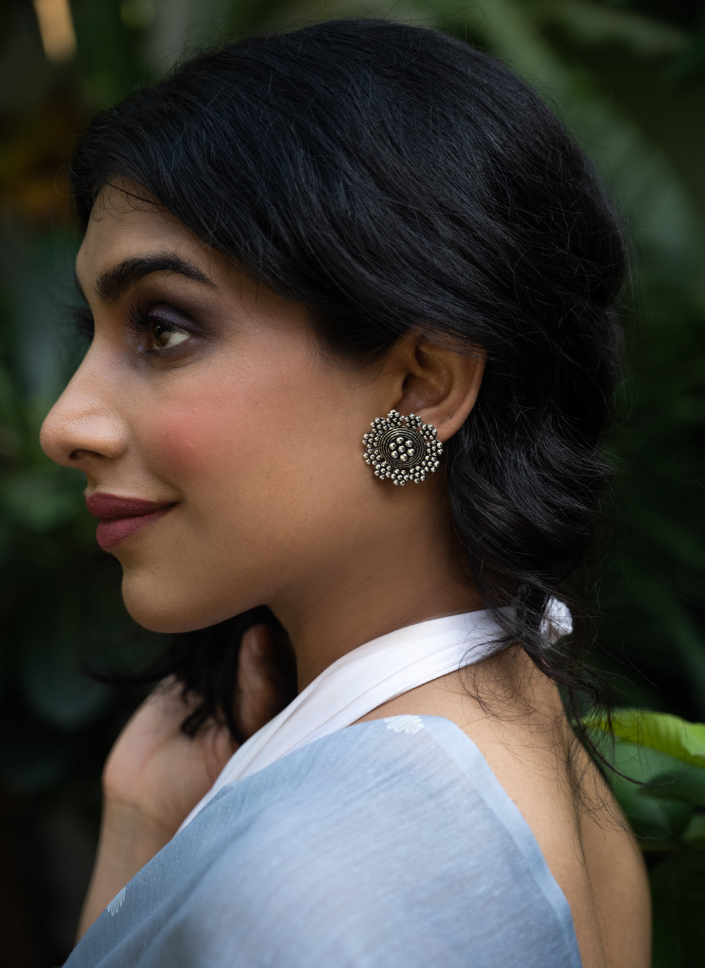 Celestial Bloom Oxidised Silver Stud Earrings