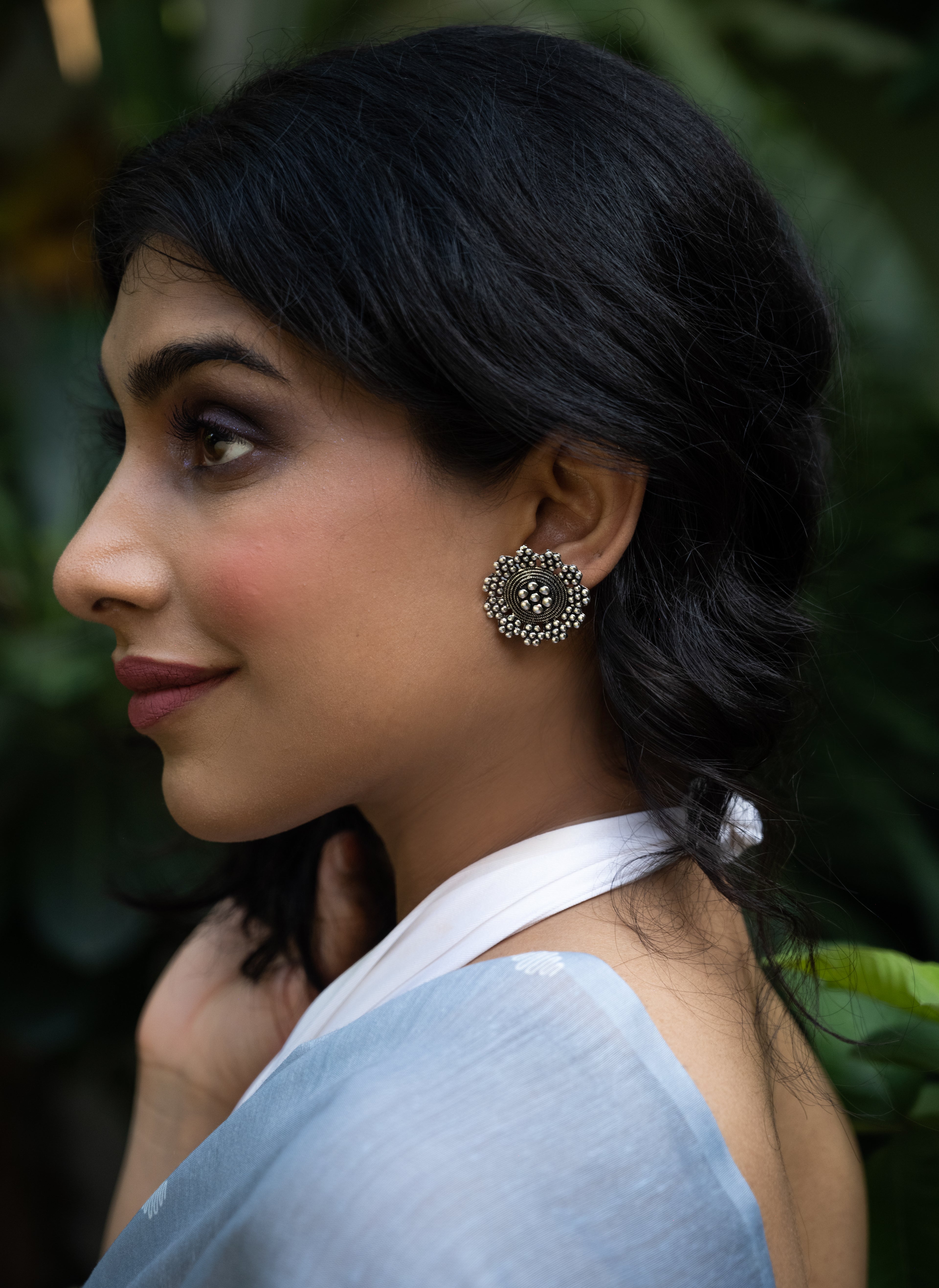 Celestial Bloom Oxidised Silver Stud Earrings