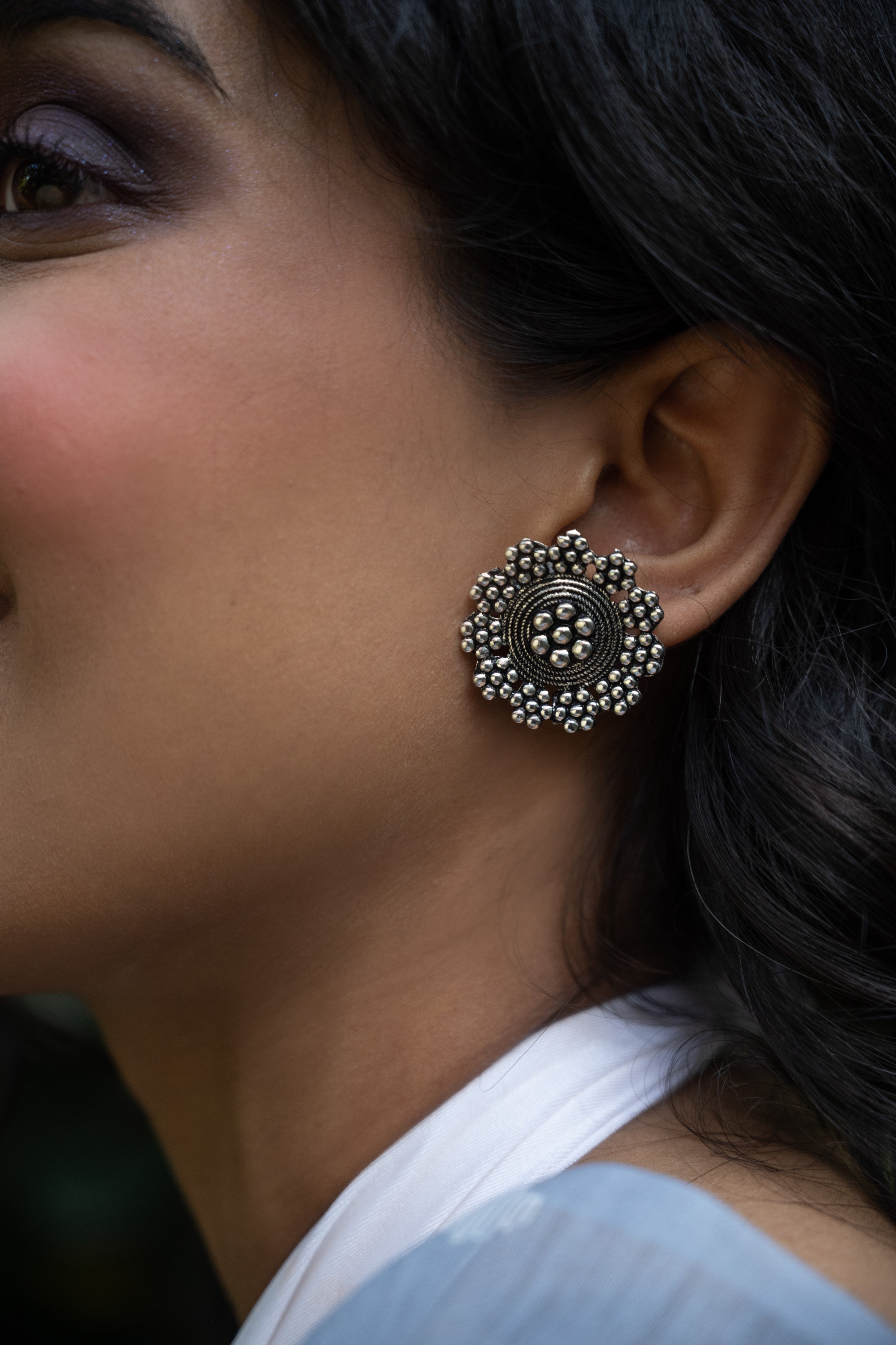 Celestial Bloom Oxidised Silver Stud Earrings