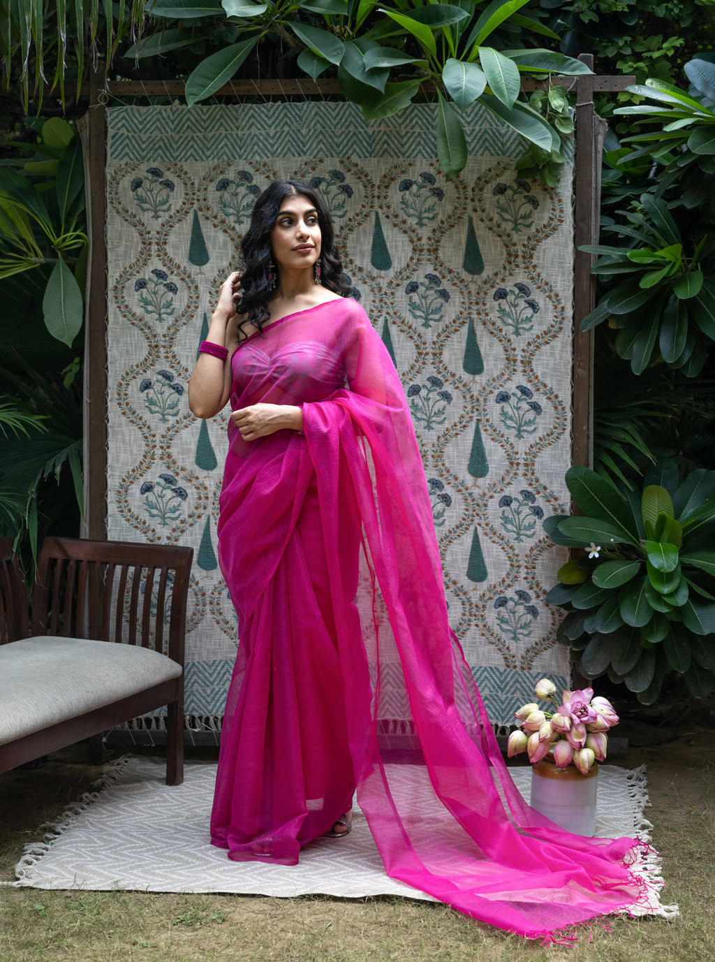 Fuchsia Pink Saree with Sage Green Printed Blouse