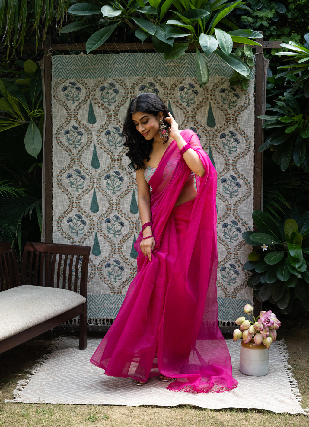 Fuchsia Pink Saree with Sage Green Printed Blouse