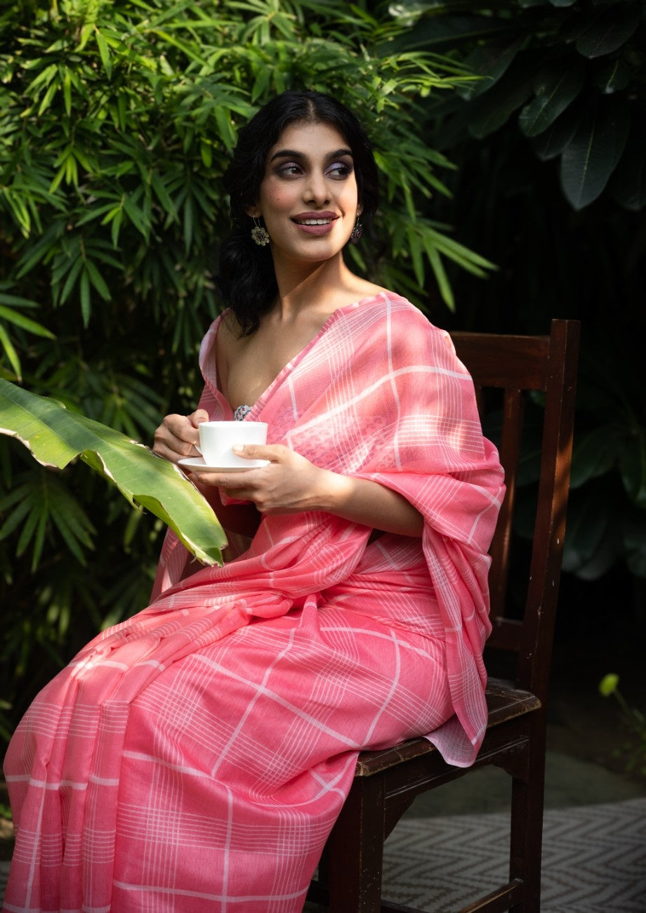 Blush Grid Chanderi Saree