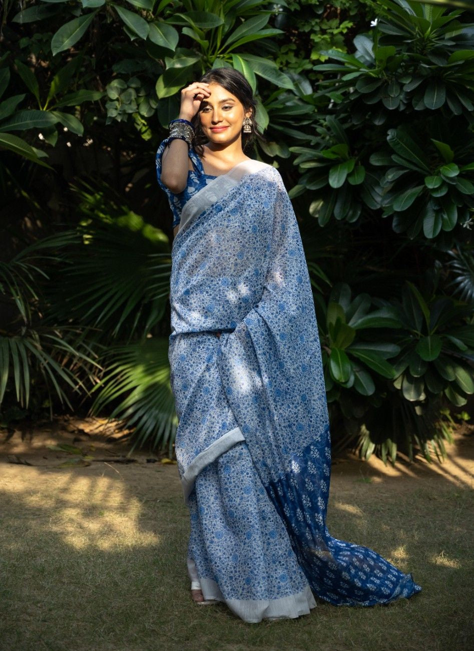 Ivory Azure Floral Chanderi Saree