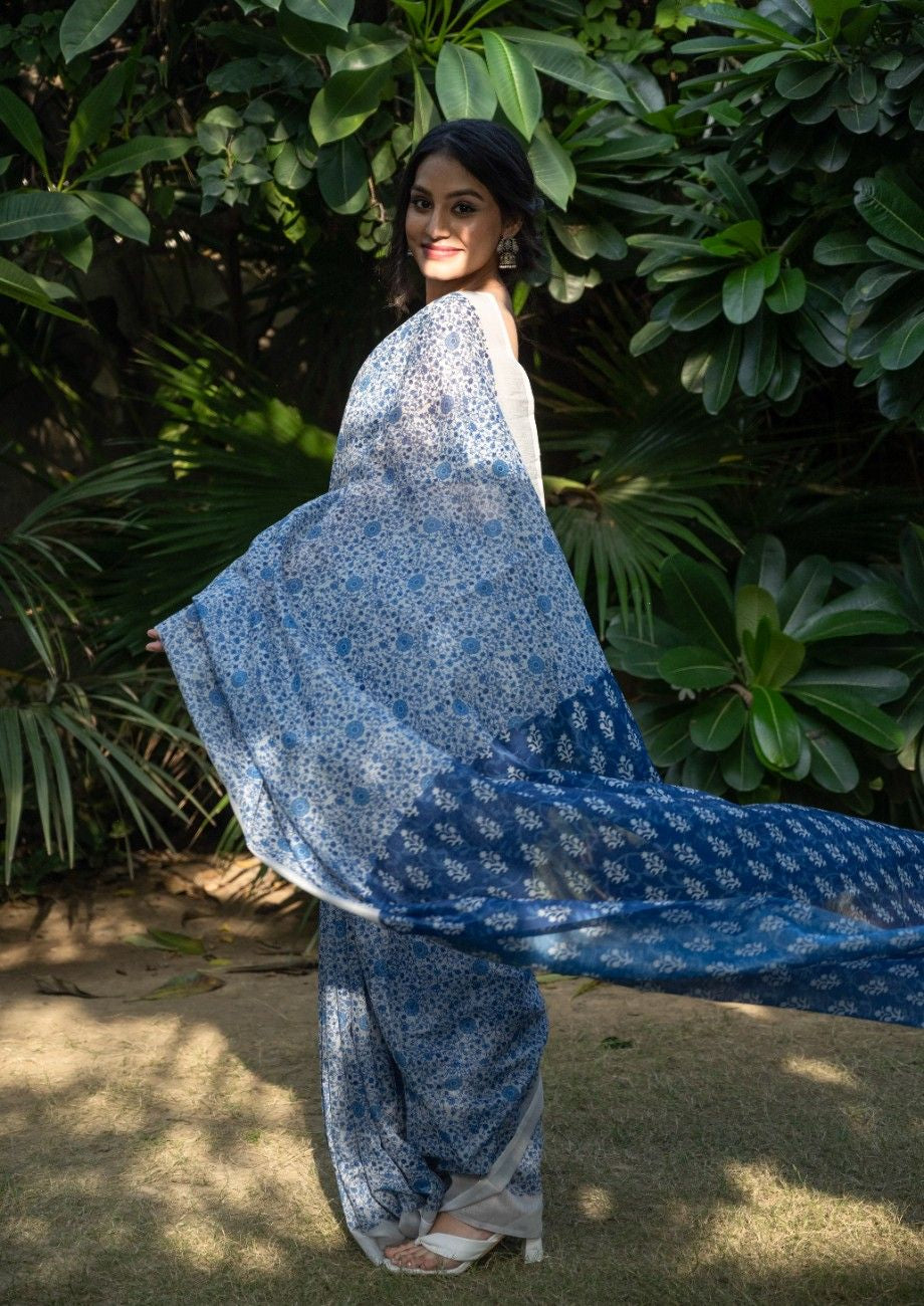 Ivory Azure Floral Chanderi Saree