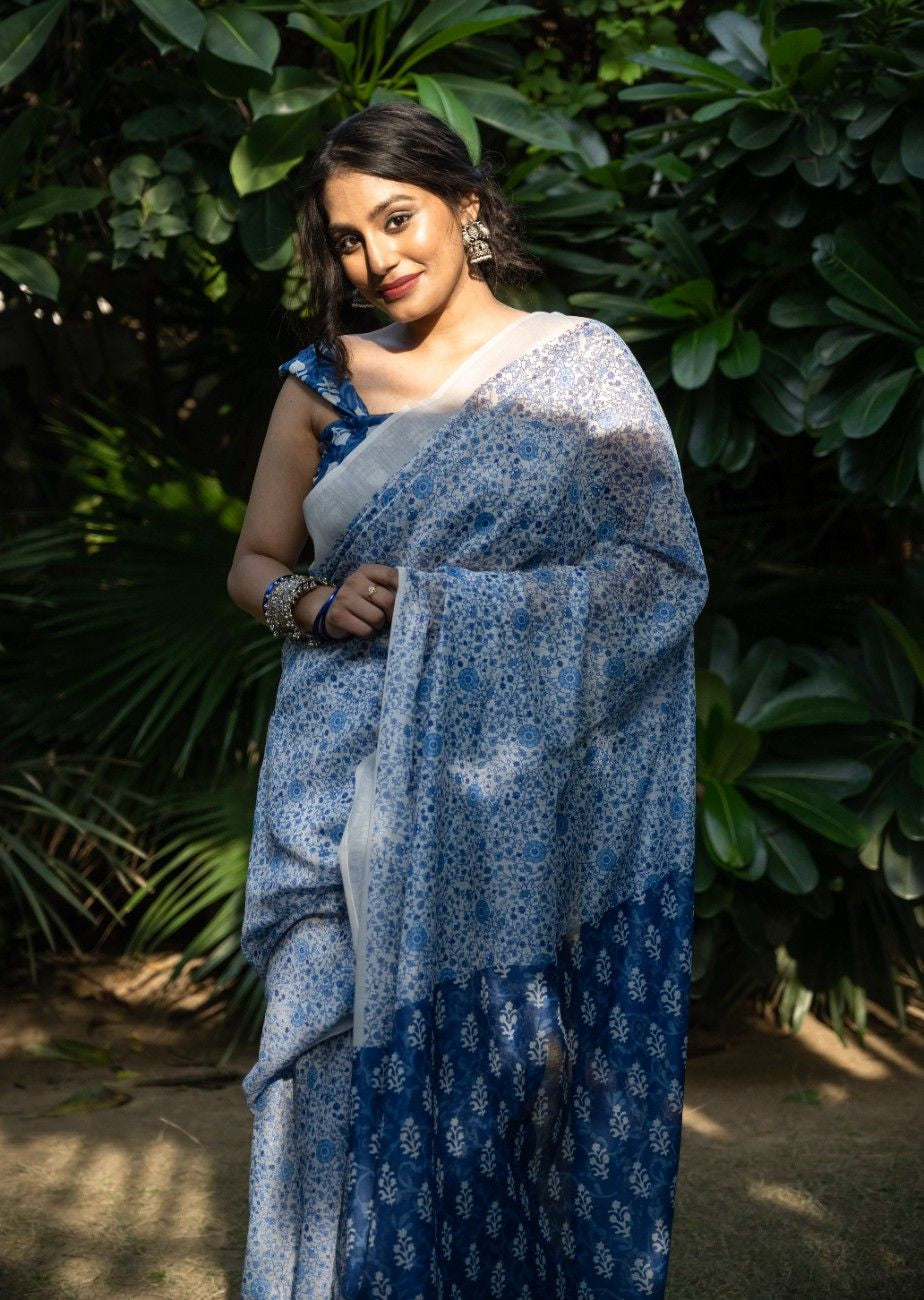 Ivory Azure Floral Chanderi Saree