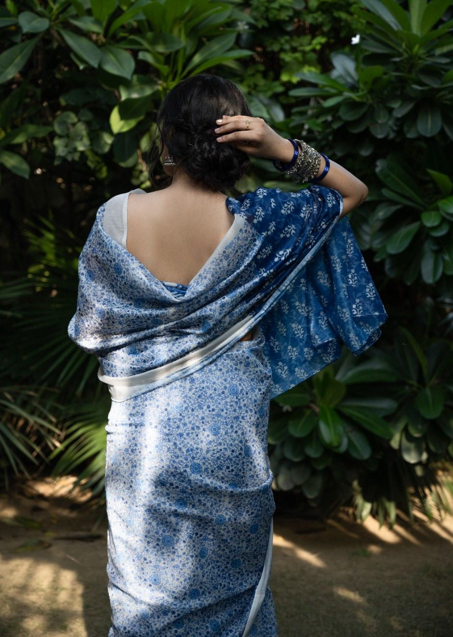 Ivory Azure Floral Chanderi Saree