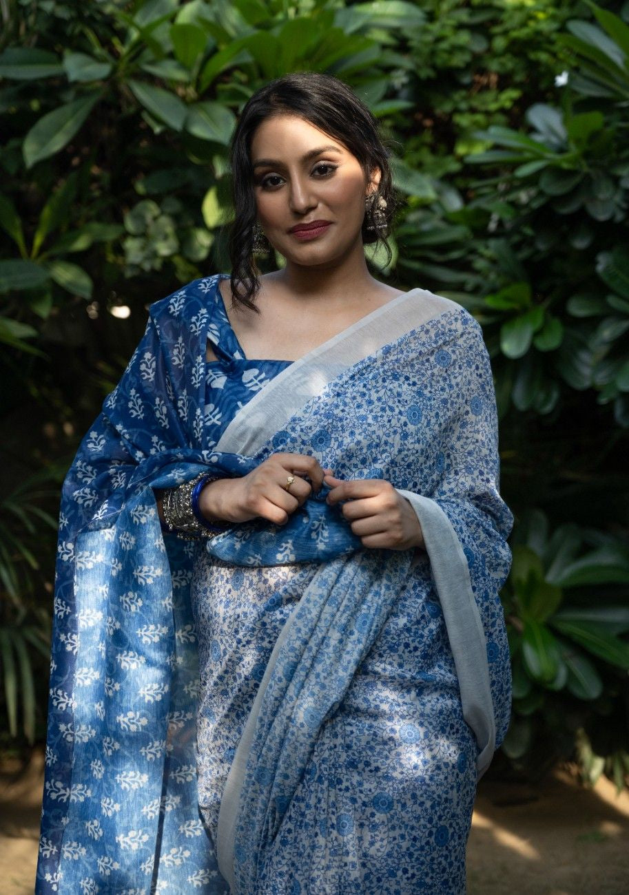 Ivory Azure Floral Chanderi Saree