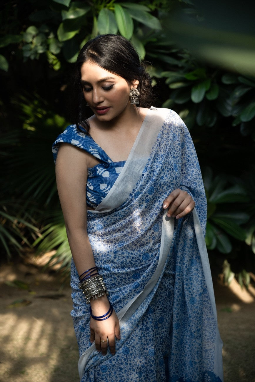 Ivory Azure Floral Chanderi Saree