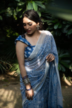Ivory Azure Floral Chanderi Saree