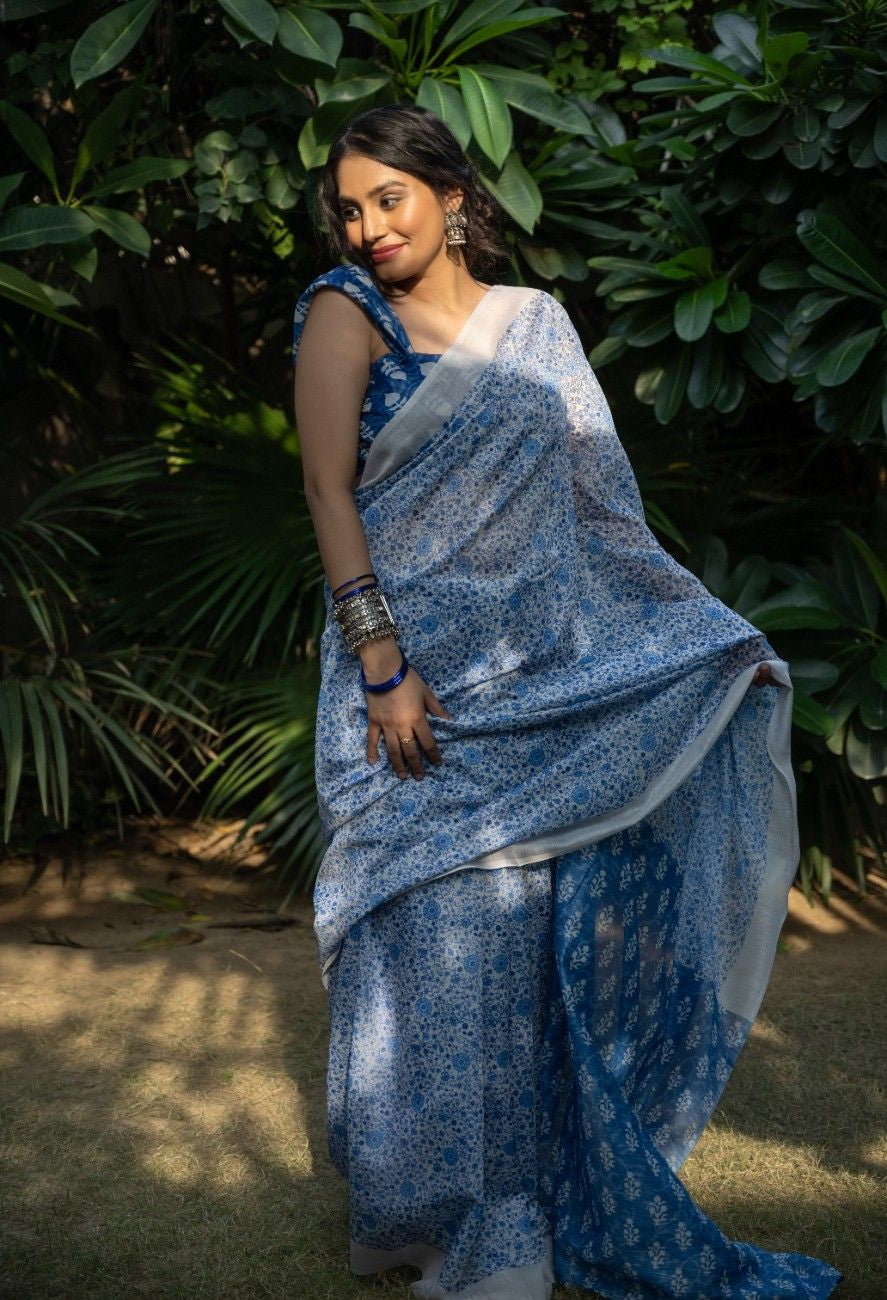 Ivory Azure Floral Chanderi Saree