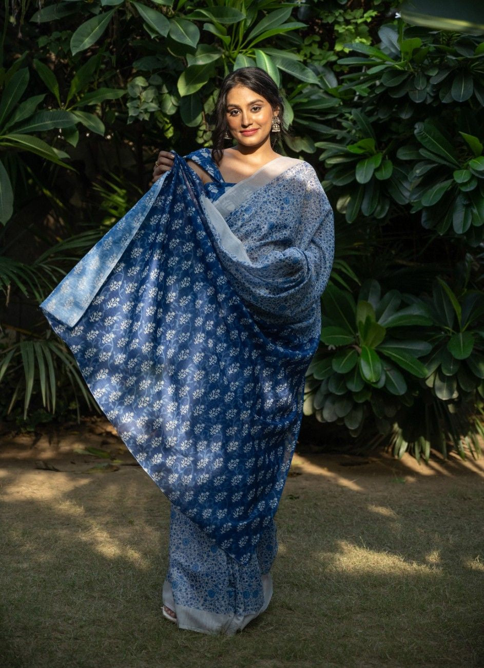 Ivory Azure Floral Chanderi Saree