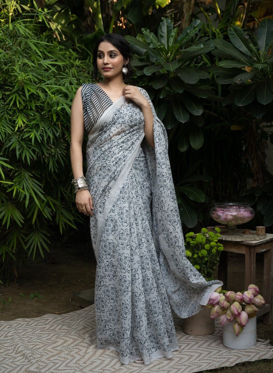 Monochrome Bloom Chanderi Saree