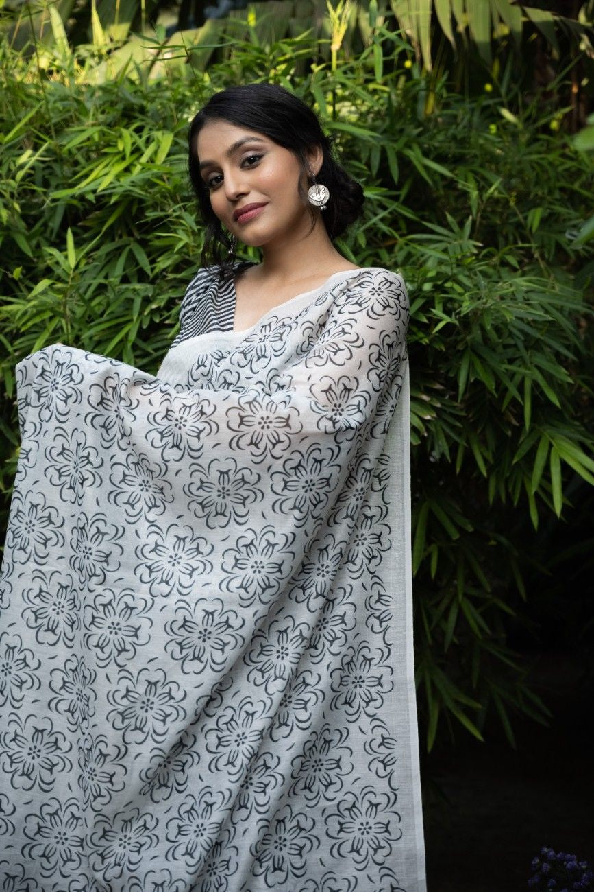 Monochrome Bloom Chanderi Saree
