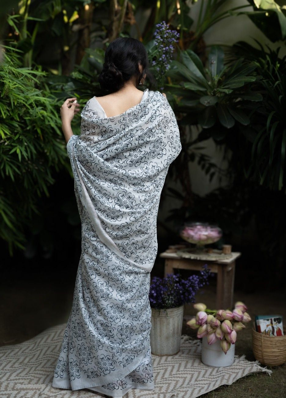 Monochrome Bloom Chanderi Saree