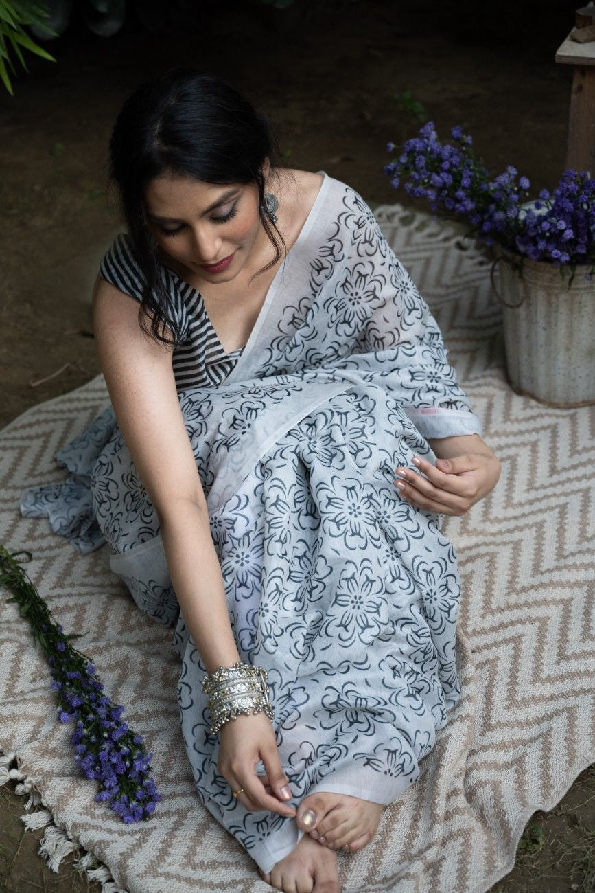 Monochrome Bloom Chanderi Saree