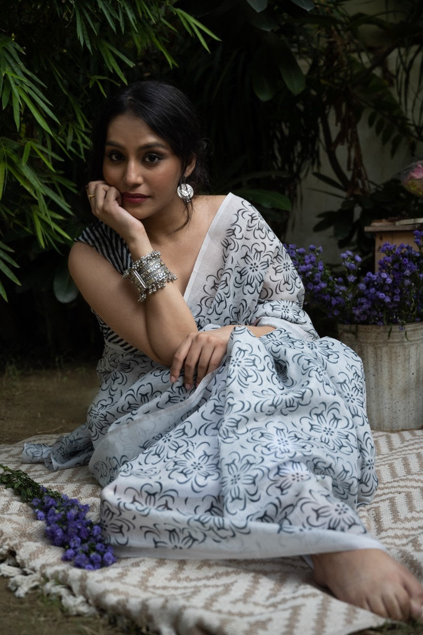 Monochrome Bloom Chanderi Saree