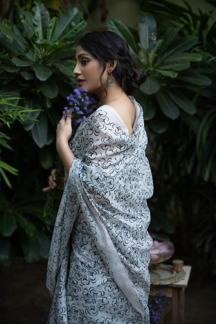 Monochrome Bloom Chanderi Saree