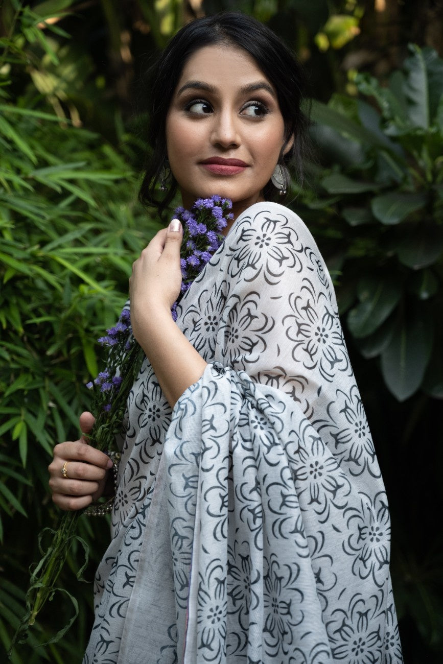 Monochrome Bloom Chanderi Saree