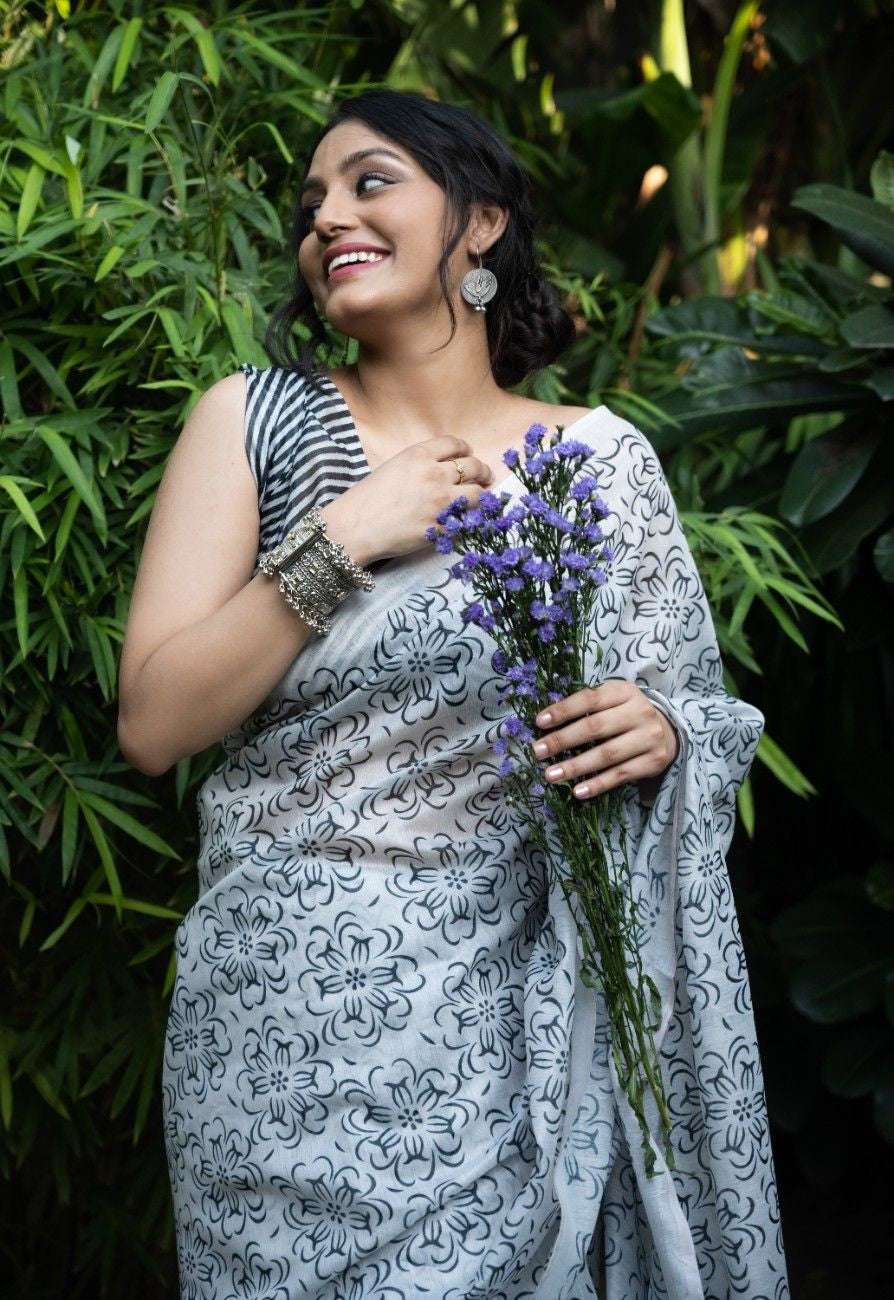 Monochrome Bloom Chanderi Saree