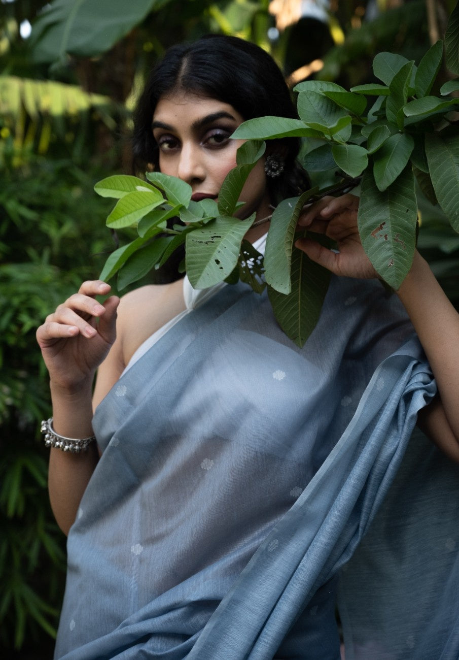 Silver Mist Buti Cotton Chanderi Saree