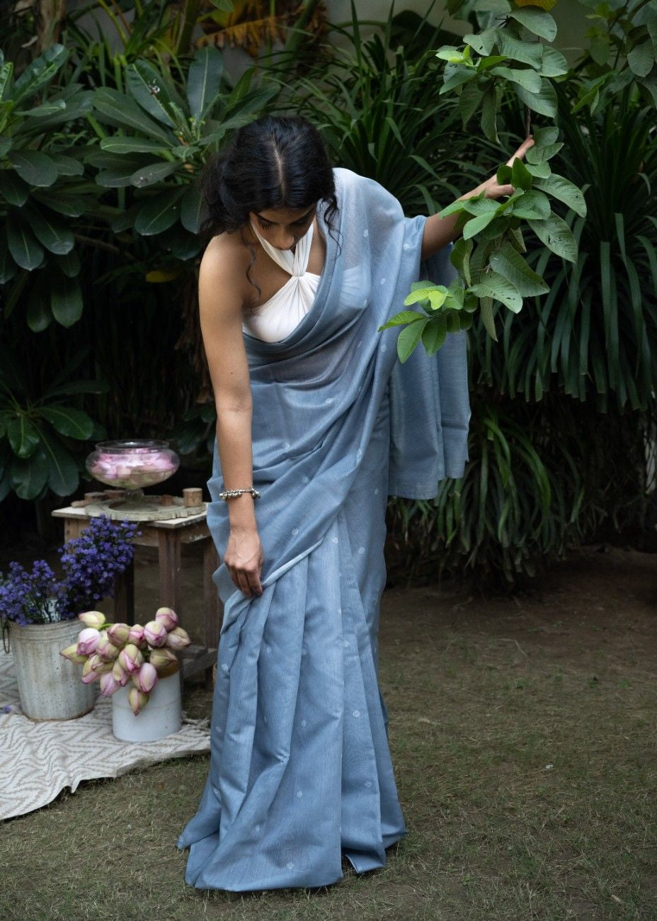 Silver Mist Buti Cotton Chanderi Saree