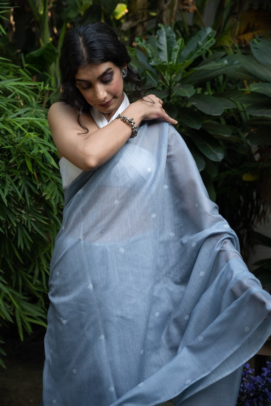 Silver Mist Buti Cotton Chanderi Saree