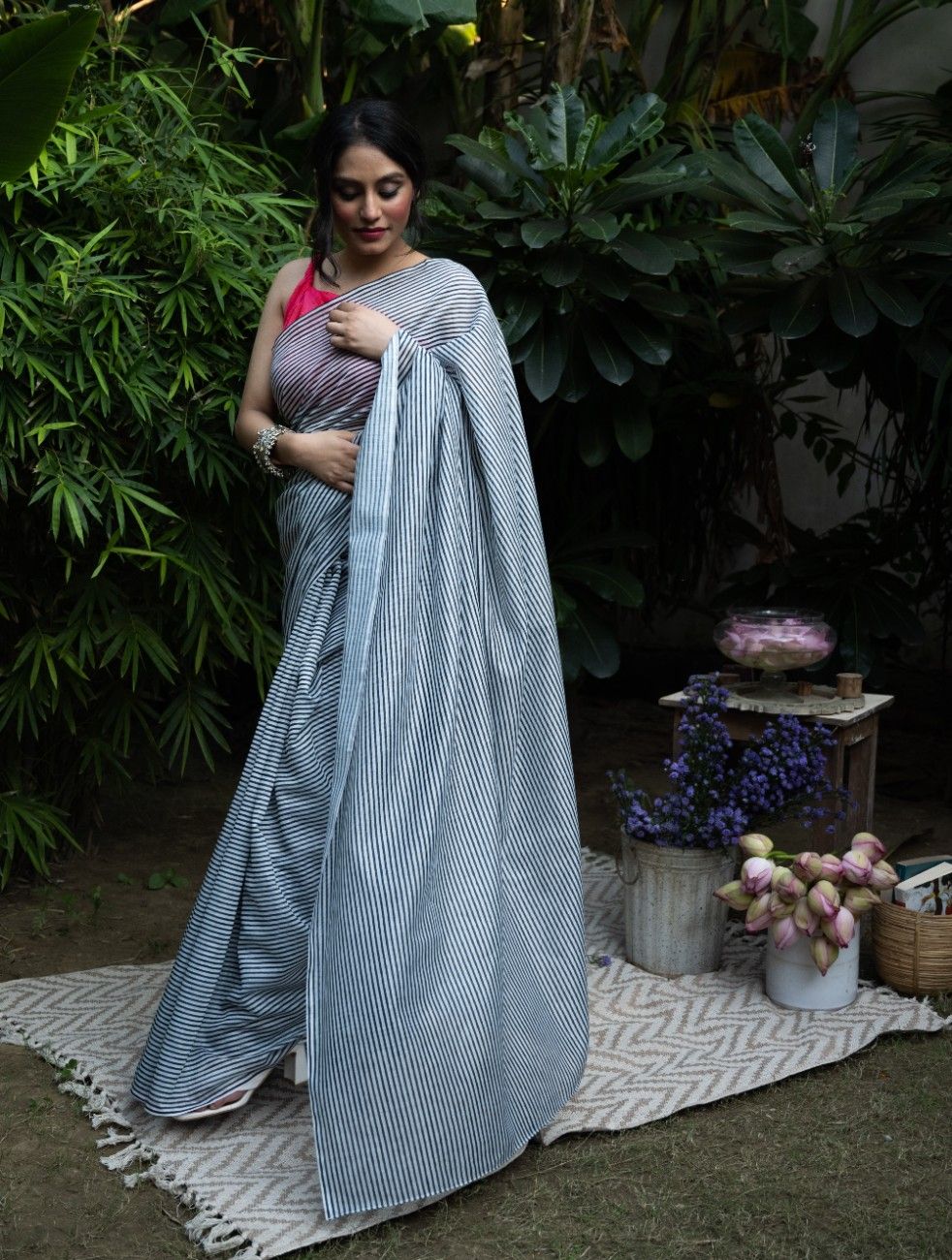 Midnight Stripe Chanderi Saree