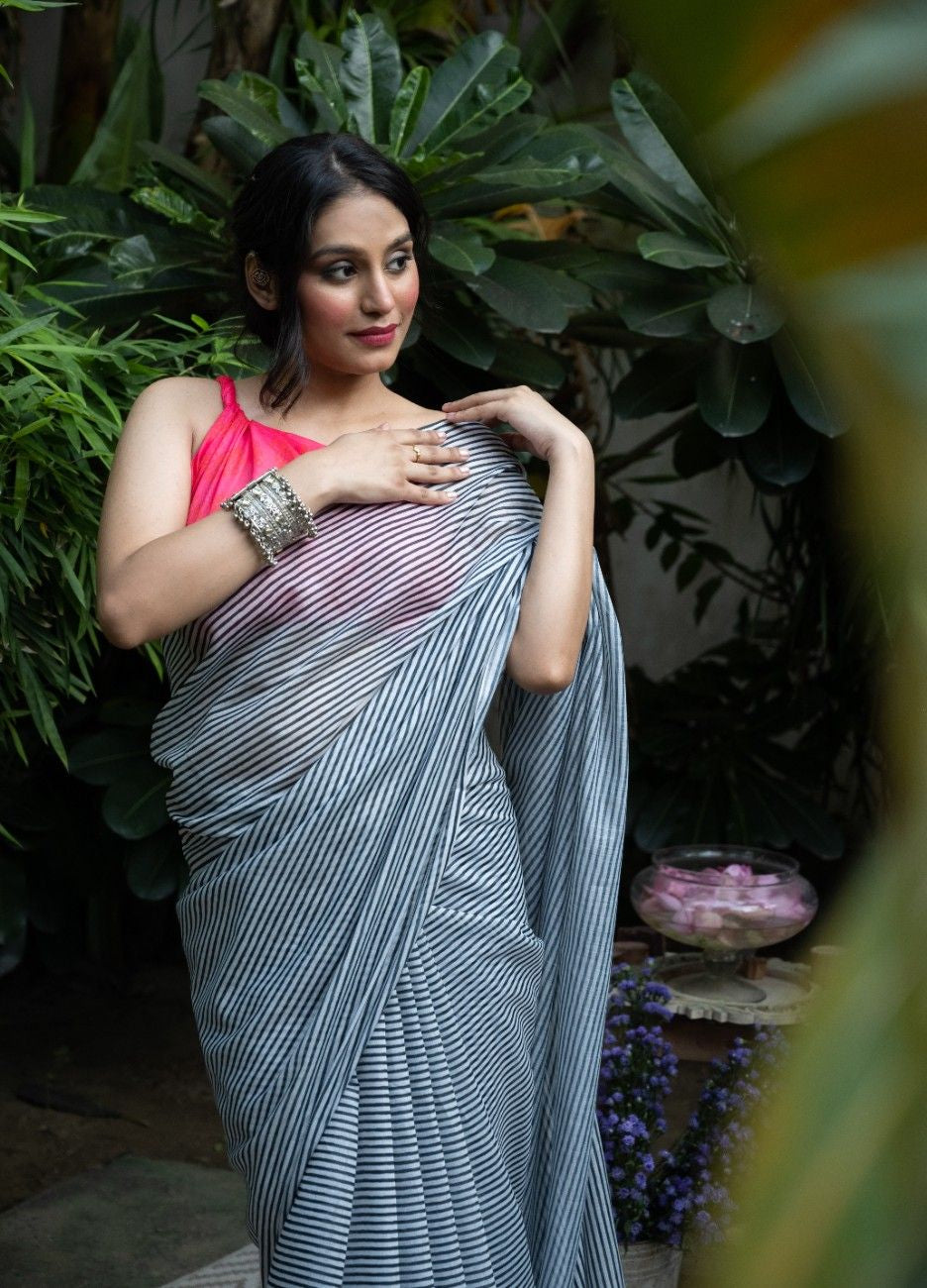 Midnight Stripe Chanderi Saree