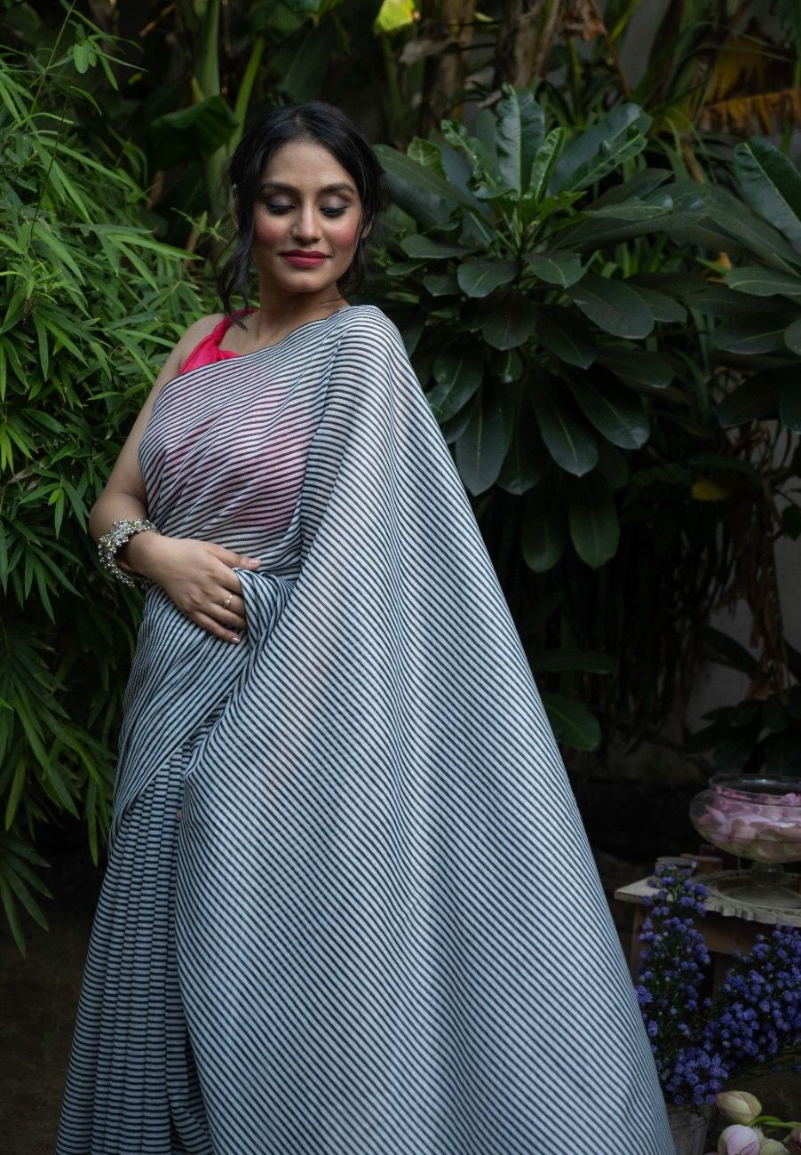 Midnight Stripe Chanderi Saree