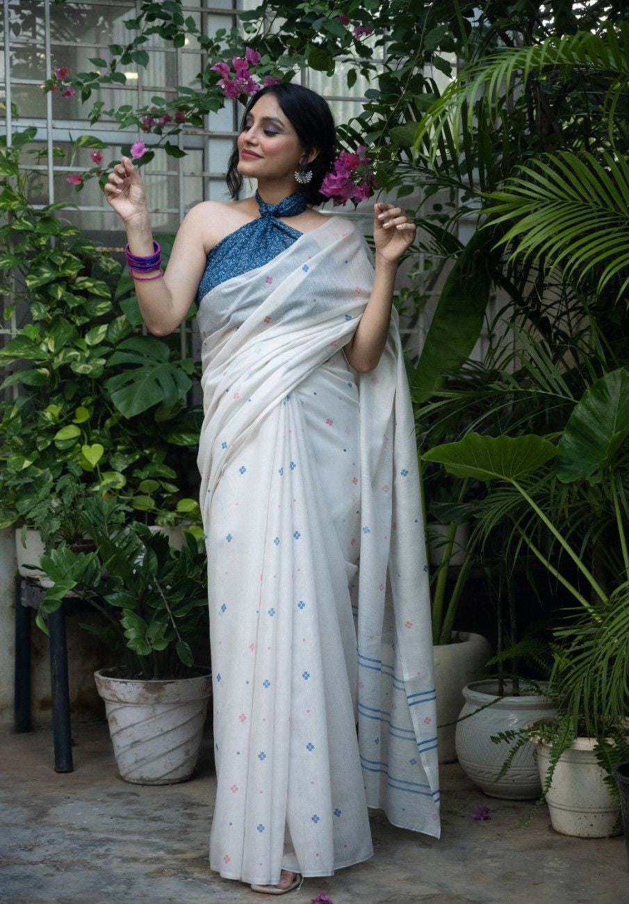 Ivory Petal Buti Chanderi Saree