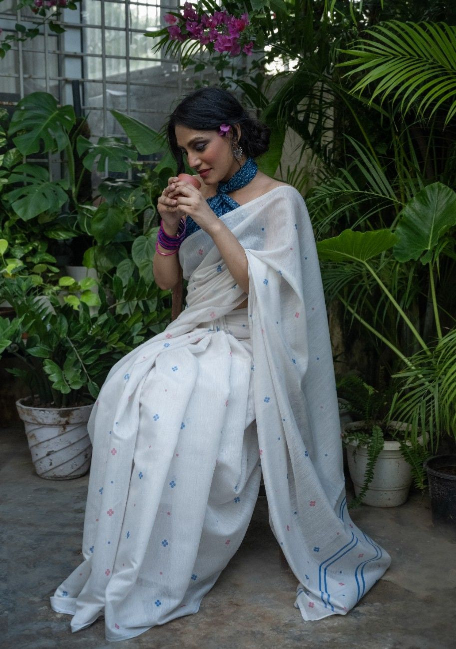 Ivory Petal Buti Chanderi Saree