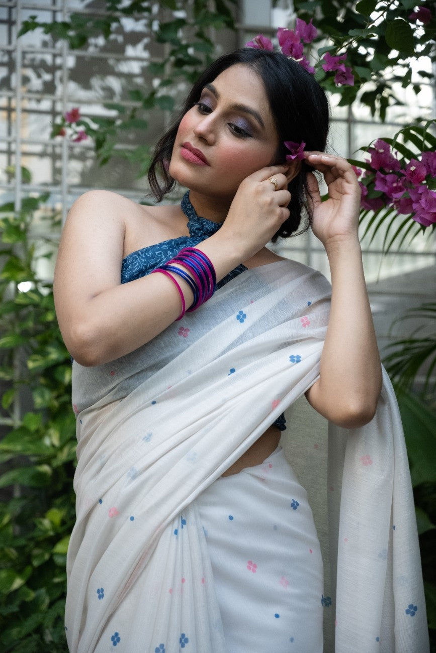 Ivory Petal Buti Chanderi Saree