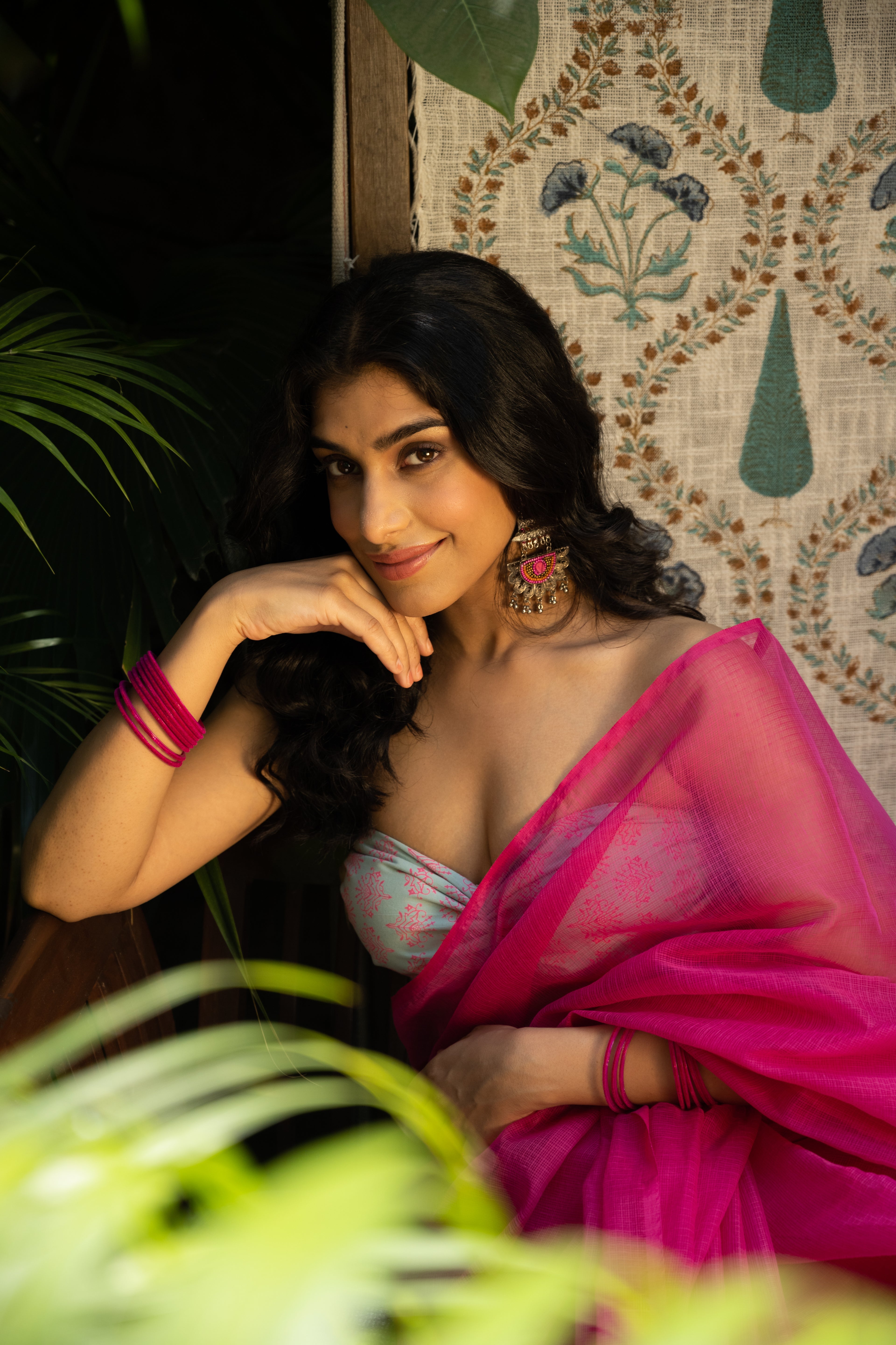Fuchsia Pink Saree with Sage Green Printed Blouse