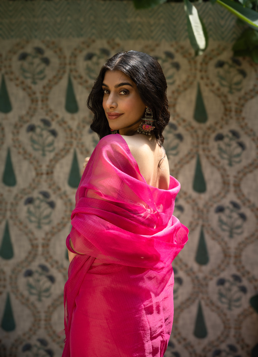 Fuchsia Pink Saree with Sage Green Printed Blouse