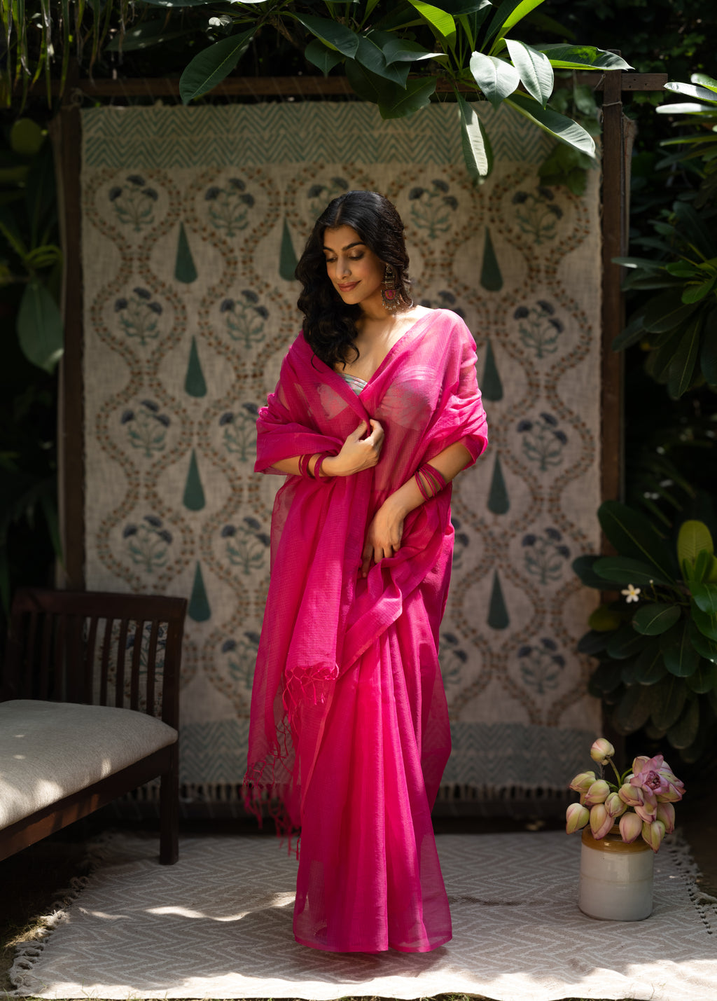 Fuchsia Pink Saree with Sage Green Printed Blouse