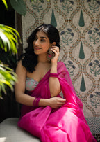 Fuchsia Pink Saree with Sage Green Printed Blouse