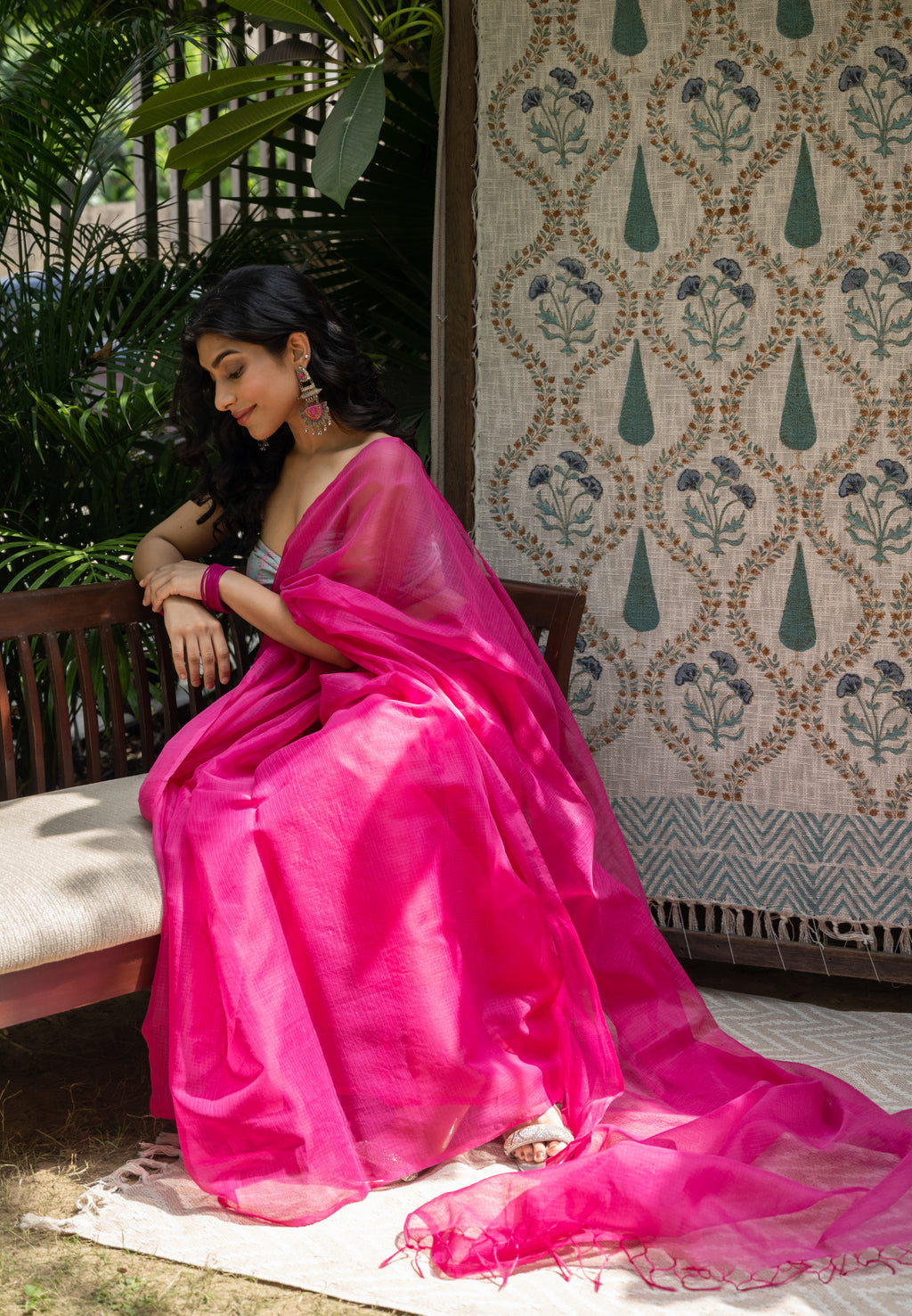 Fuchsia Pink Saree with Sage Green Printed Blouse
