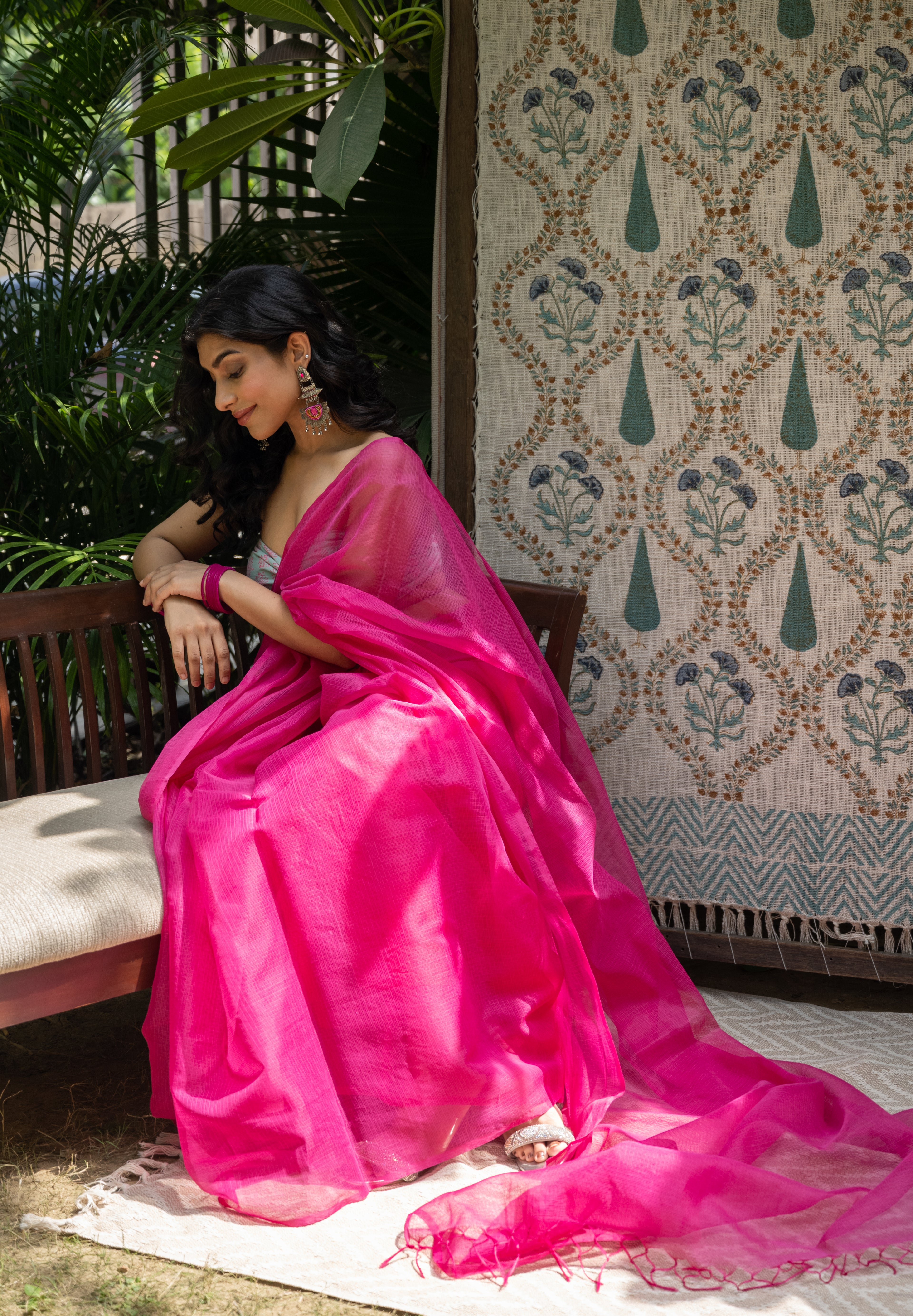 Fuchsia Pink Saree with Sage Green Printed Blouse