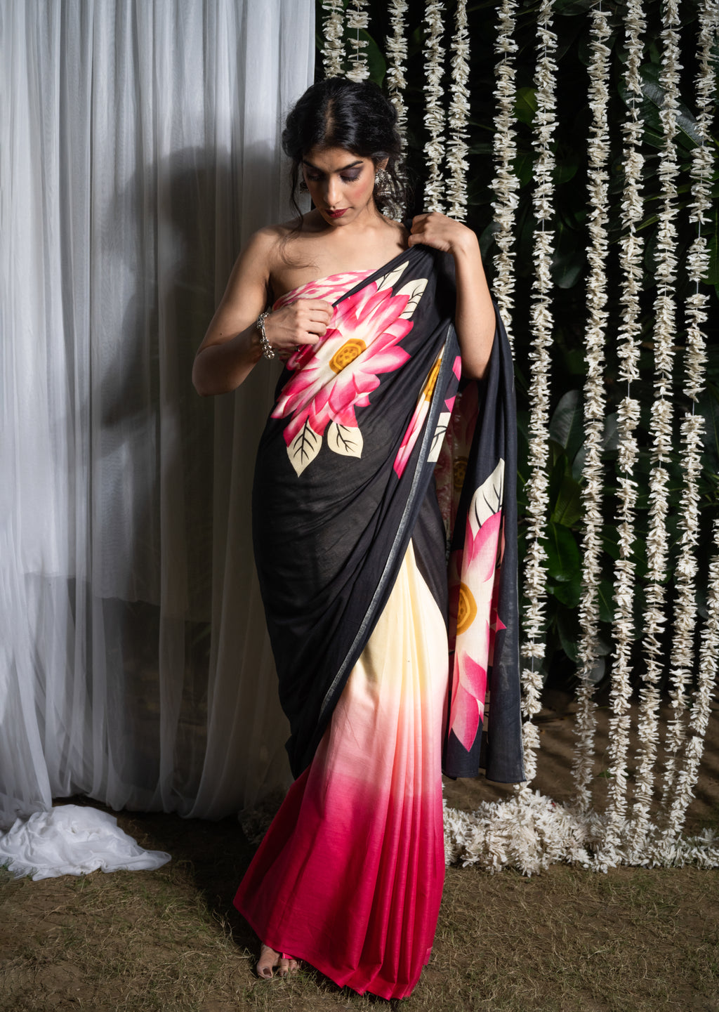 Midnight Lotus Cotton Saree
